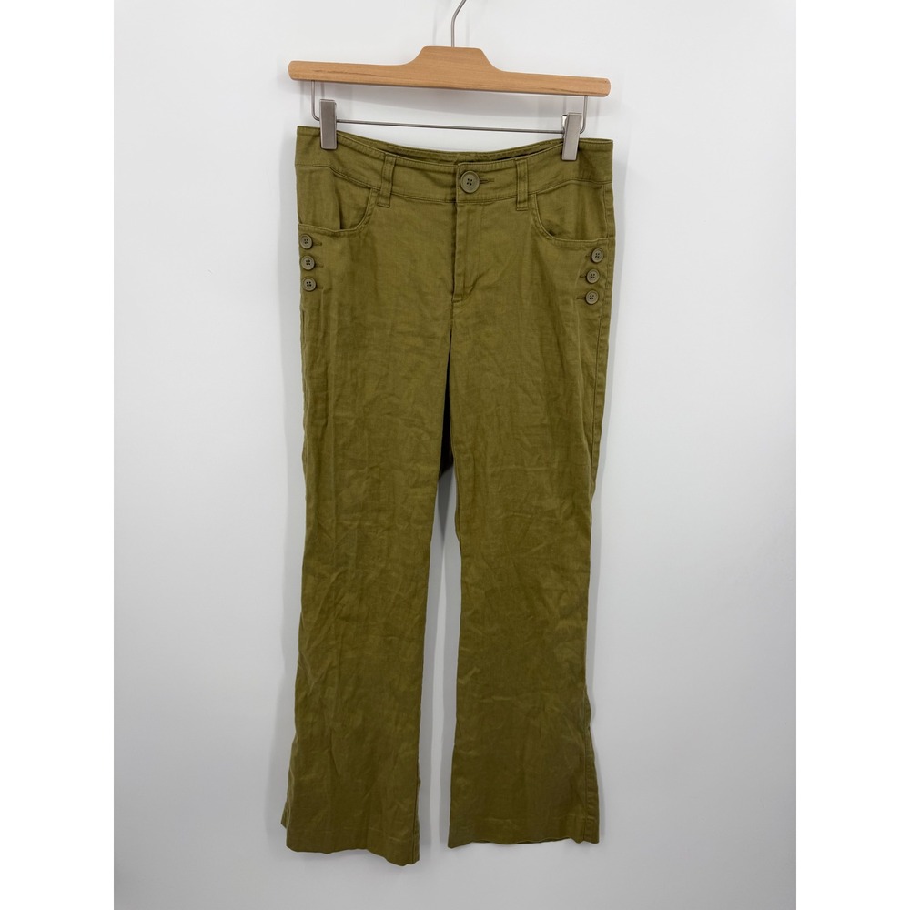 Cabi Charlie 5314R Mariner Trouser Pants 2 Olive Green Linen Blend Button Detail